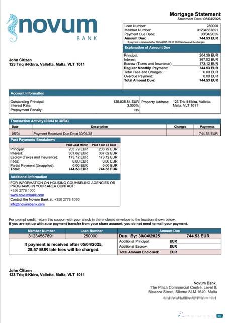 Download Malta Novum Bank mortgage statement Word and PDF template Photoshop template